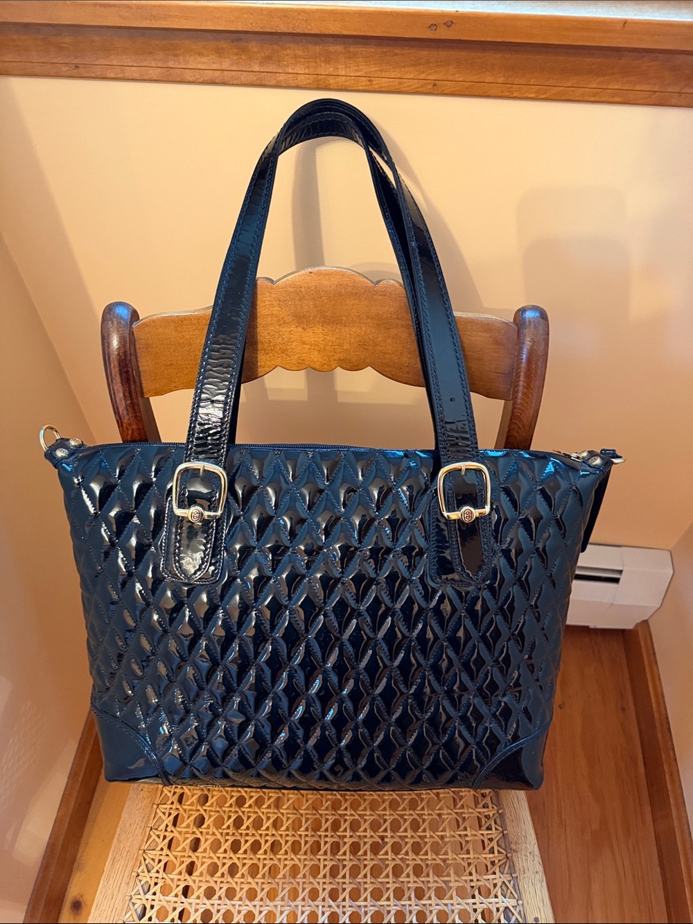 Marino Orlandi Quilted Patent Black Tote Bag with Gold Hardware